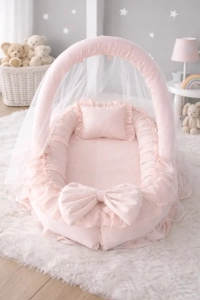 Somon Cibinlik Tüllü - Oyuncak Askılı Lüx Tasarım Fırfırlı Babynest - Güvenli Premium Jaju Babynest